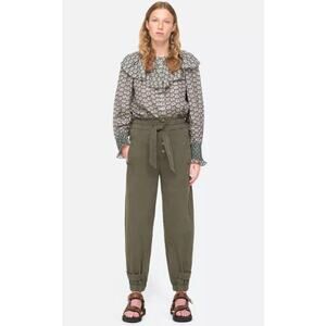 Sea New York Layla Baggy Paperbag Ankle Pants Belted Tie Waist, Army Green